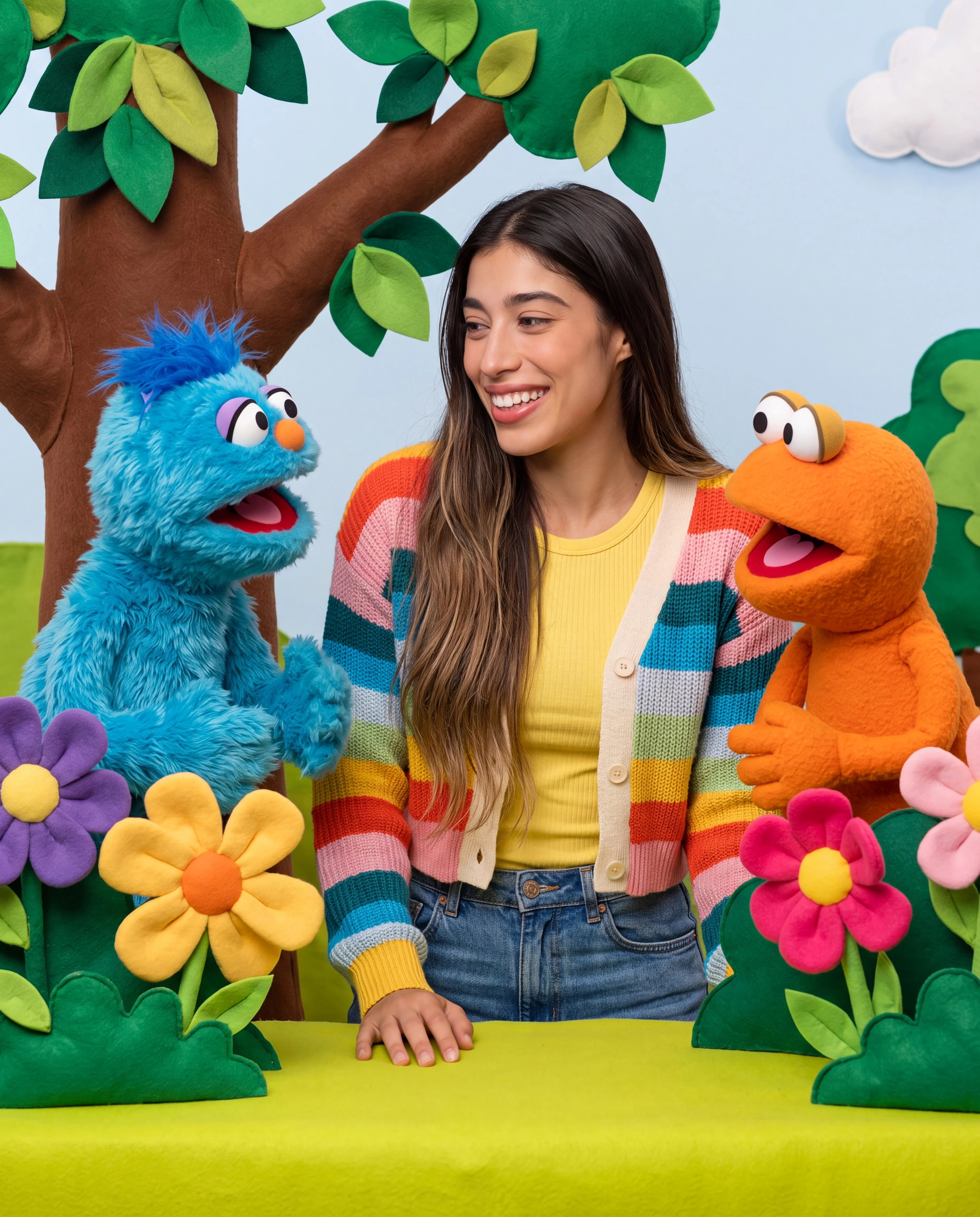 A virtual performer on a colorful children's television set with two original puppet characters.