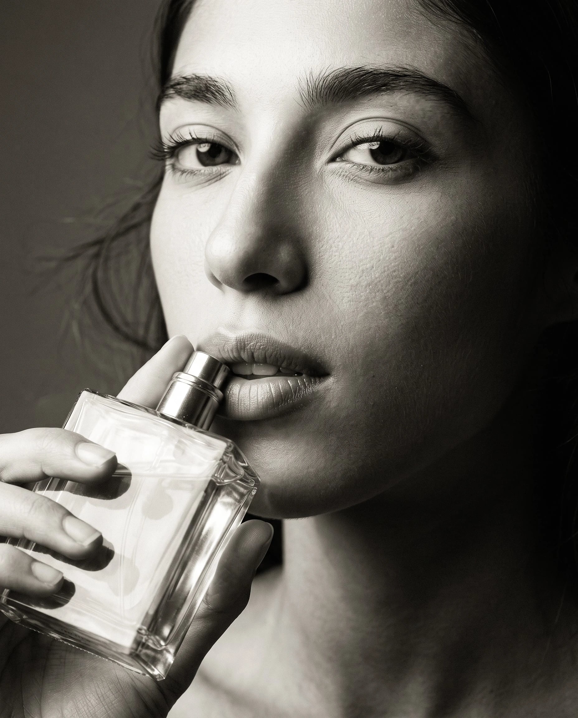 A monochrome fashion portrait of a virtual model in a black bodysuit.