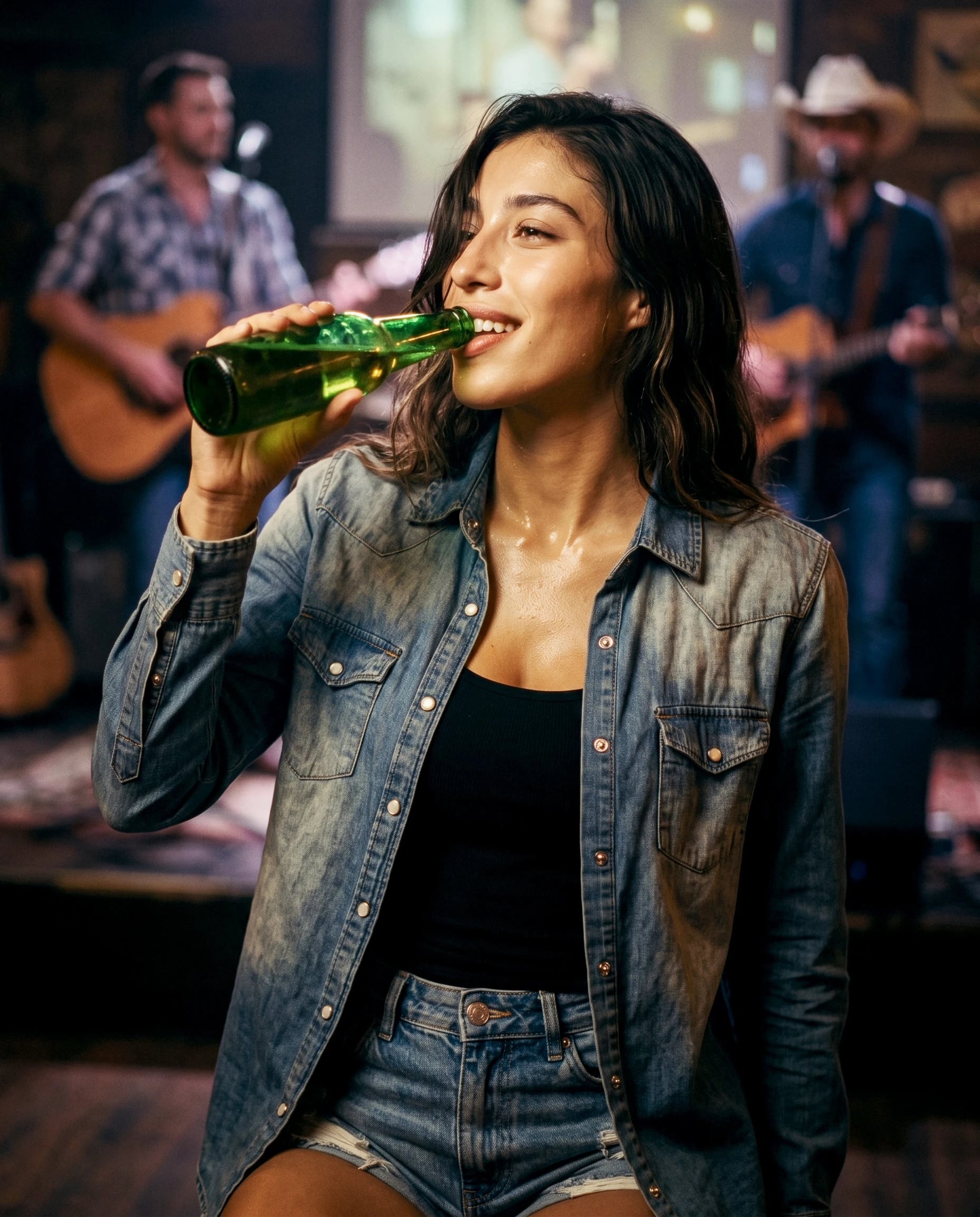 A virtual model at a country bar, watching live music at night.