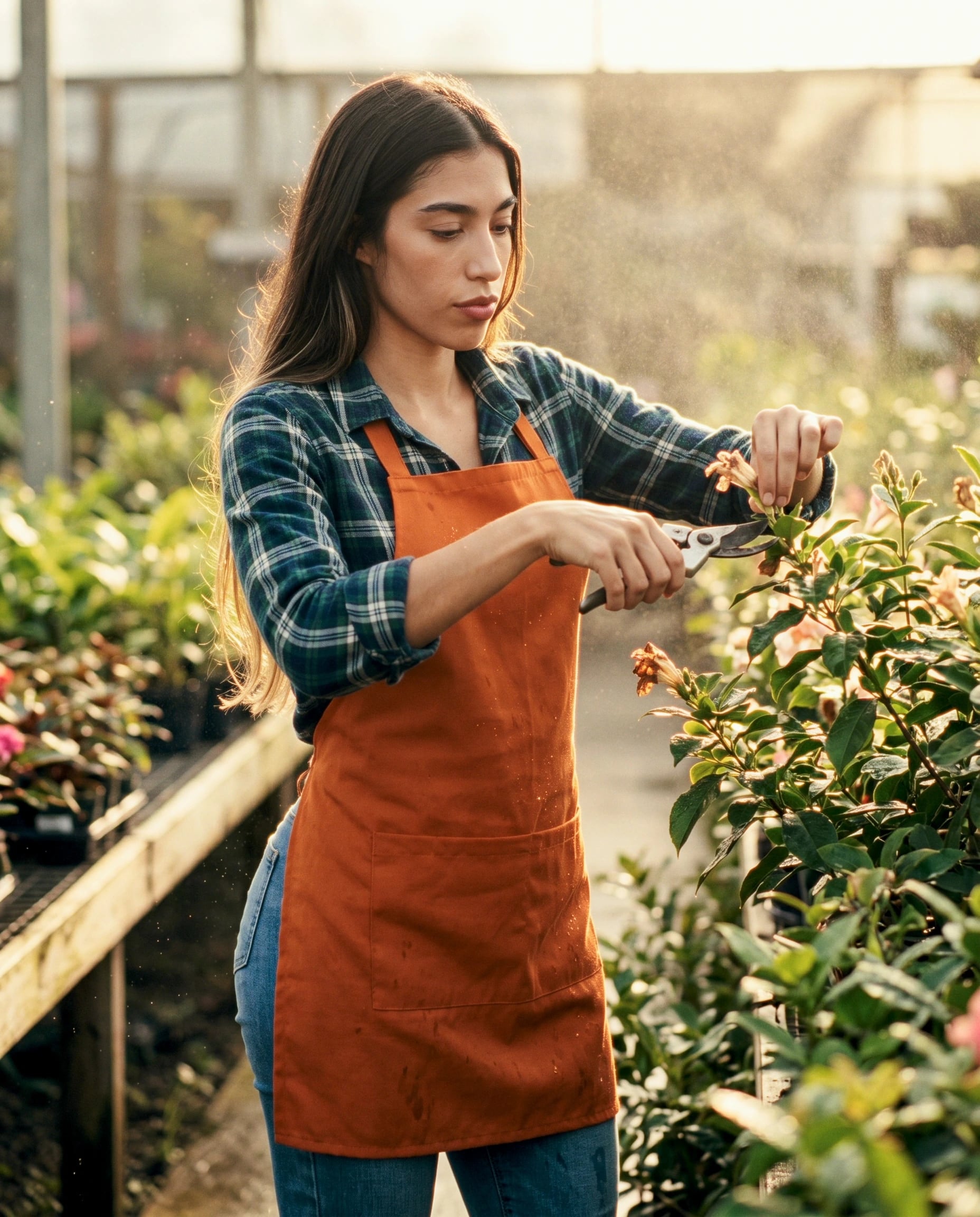 A virtual retail worker watering plants in a sunlit garden center.